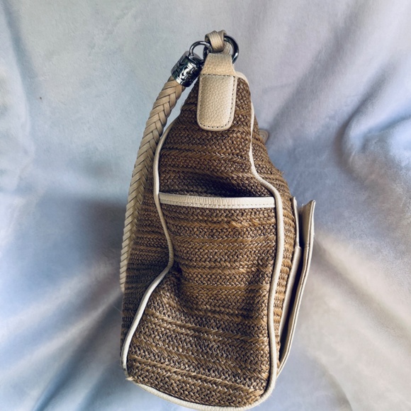 BRIGHTON Cream & Tan Raffia Wicker Genuine Leather Shoulder Bag Tote Purse - Picture 14 of 14